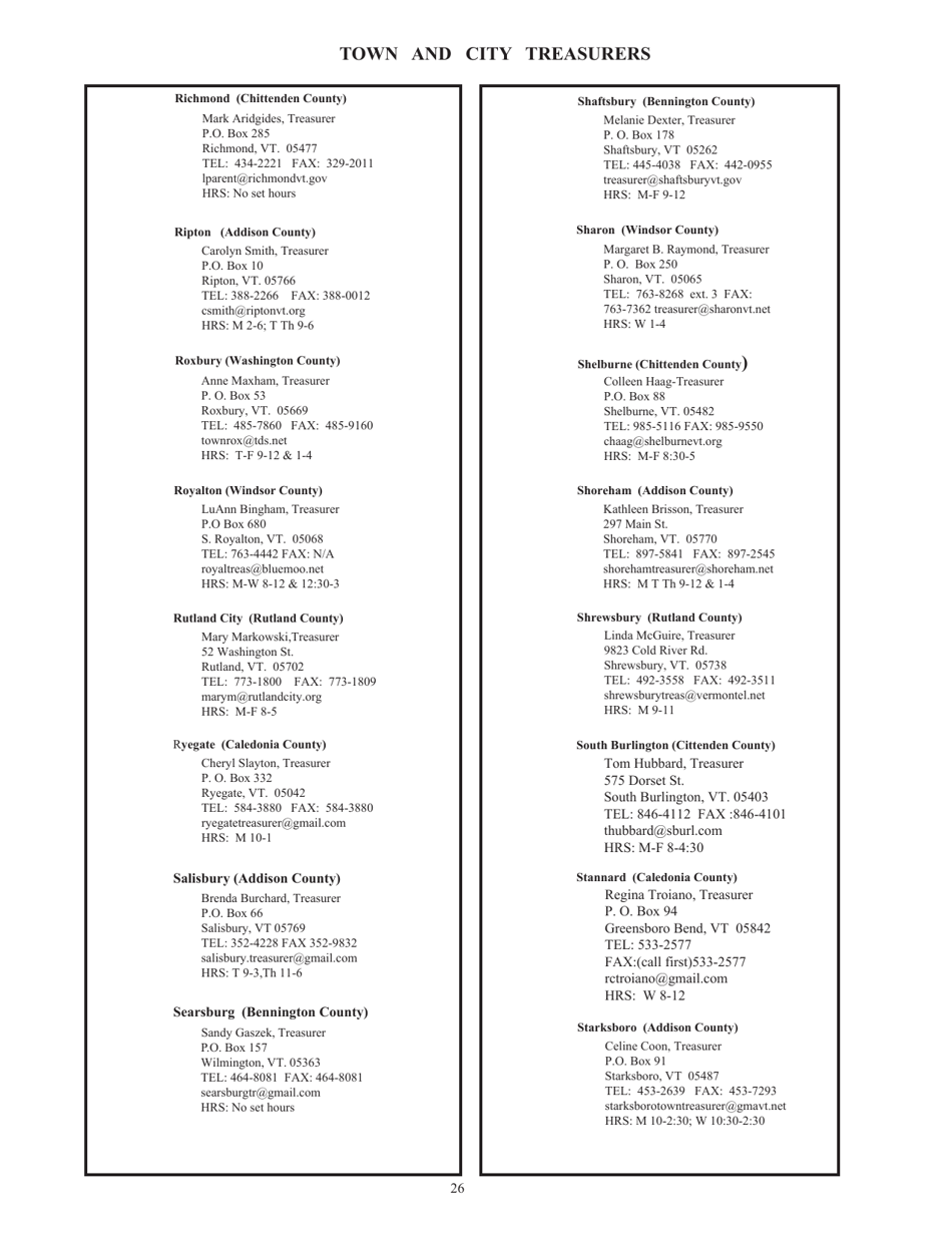 Guide to Vermonts Town Clerks, Treasurers  County Clerks - Vermont, Page 26