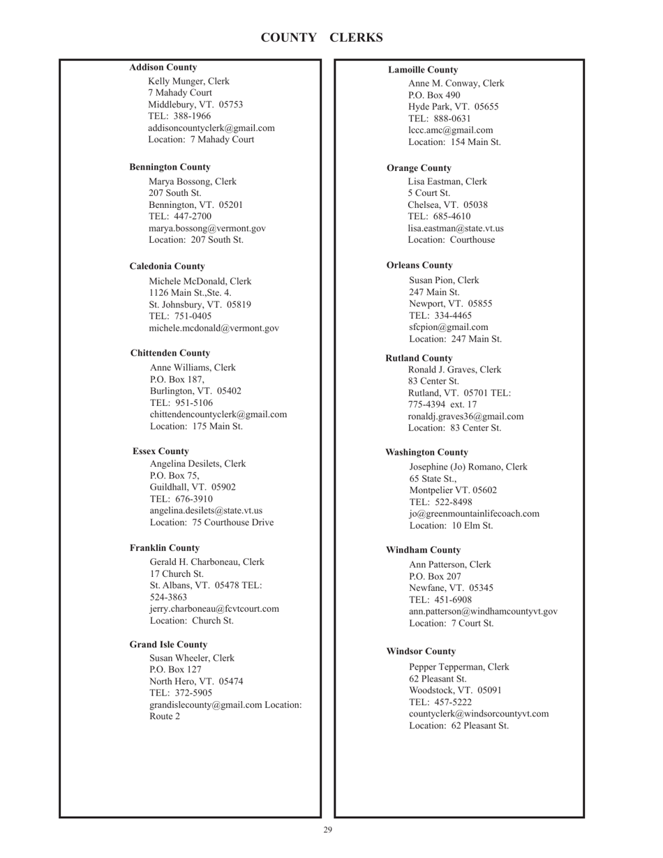 Guide to Vermonts Town Clerks, Treasurers  County Clerks - Vermont, Page 29