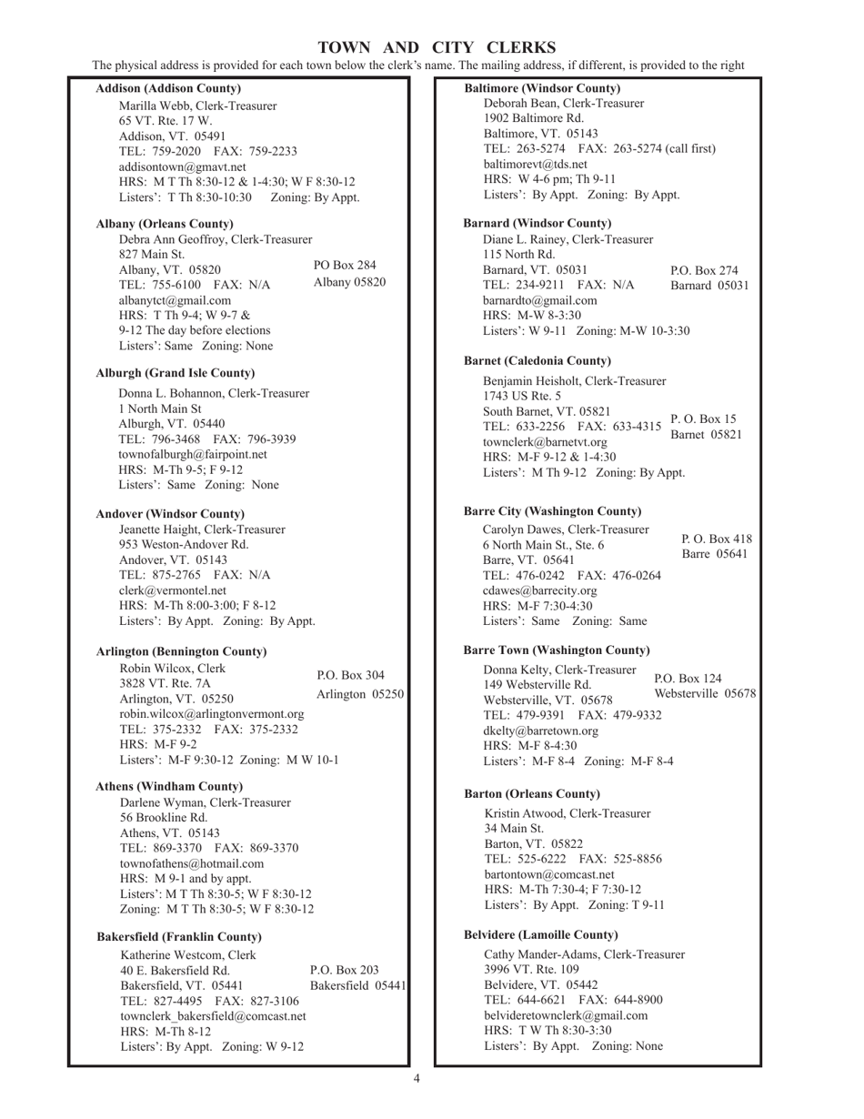 Guide to Vermonts Town Clerks, Treasurers  County Clerks - Vermont, Page 4