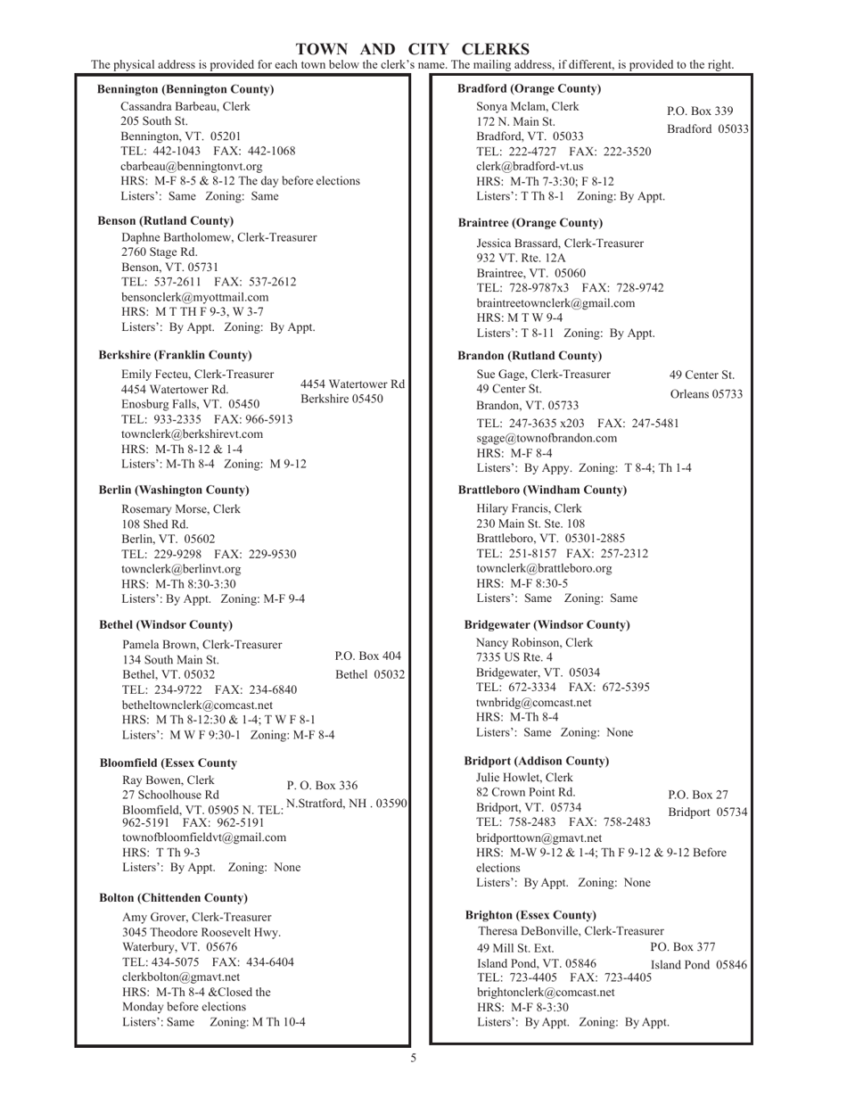 Guide to Vermonts Town Clerks, Treasurers  County Clerks - Vermont, Page 5