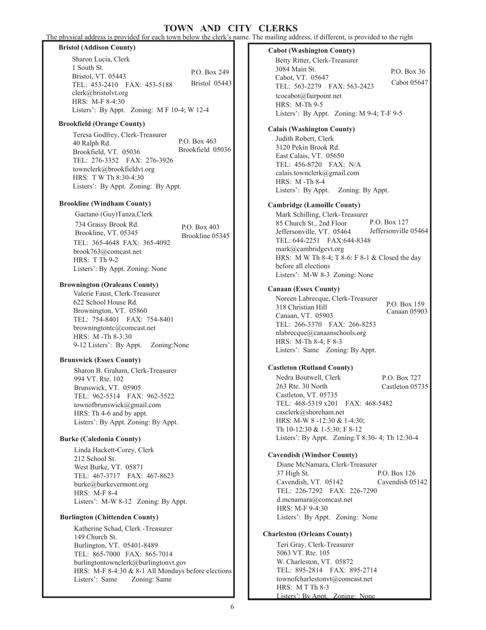 Guide to Vermonts Town Clerks, Treasurers  County Clerks - Vermont, Page 6