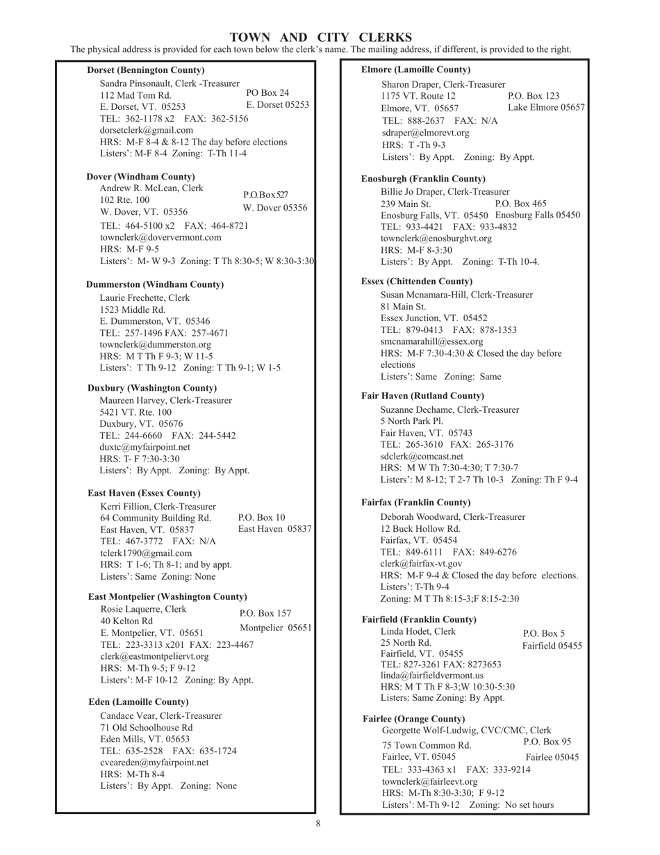 Guide to Vermonts Town Clerks, Treasurers  County Clerks - Vermont, Page 8