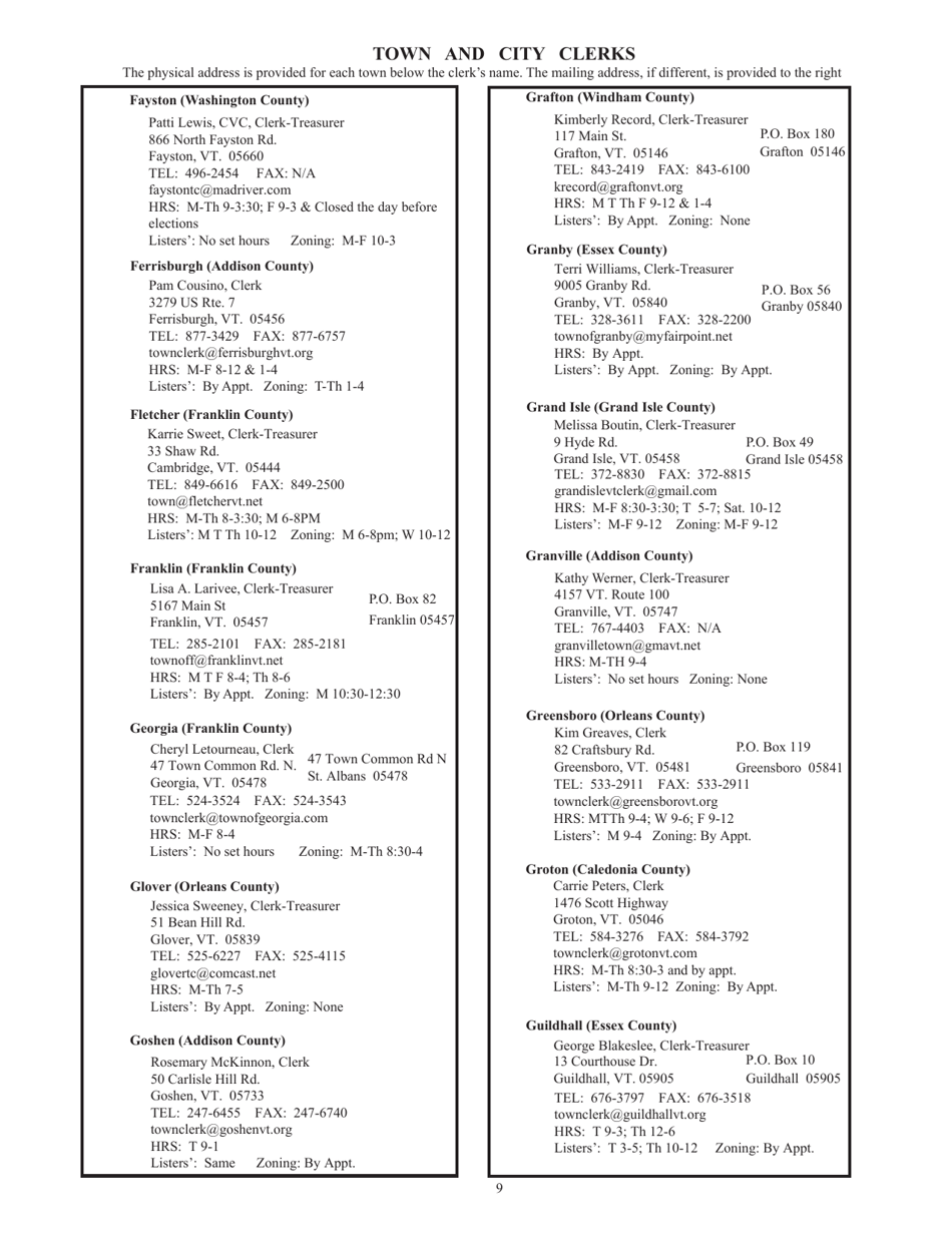 Guide to Vermonts Town Clerks, Treasurers  County Clerks - Vermont, Page 9