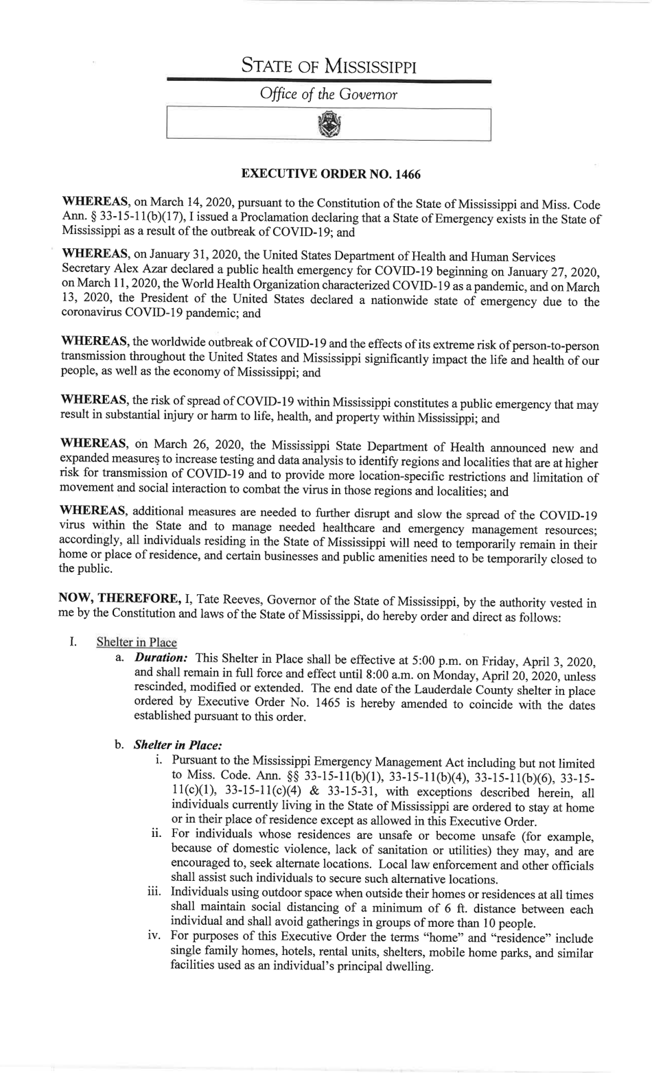Executive Order No. 1466 - Mississippi, Page 1