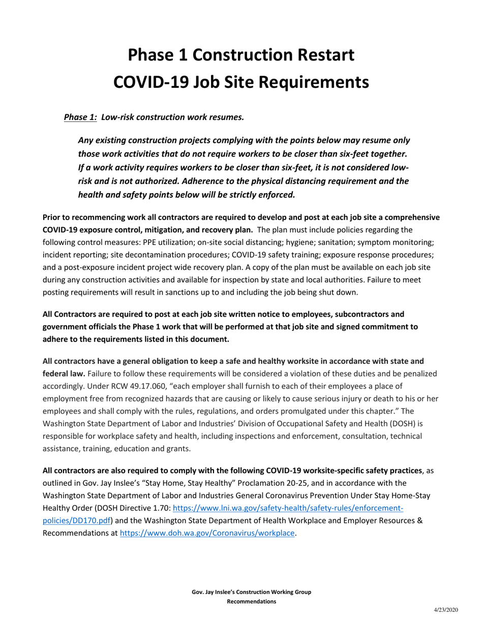 Phase 1 Construction Restart Covid-19 Job Site Requirements - Washington, Page 1