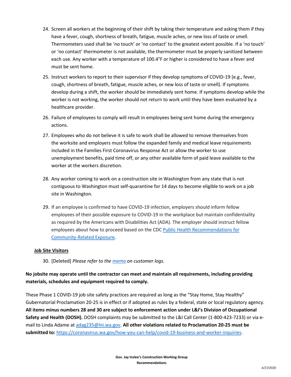 Phase 1 Construction Restart Covid-19 Job Site Requirements - Washington, Page 4