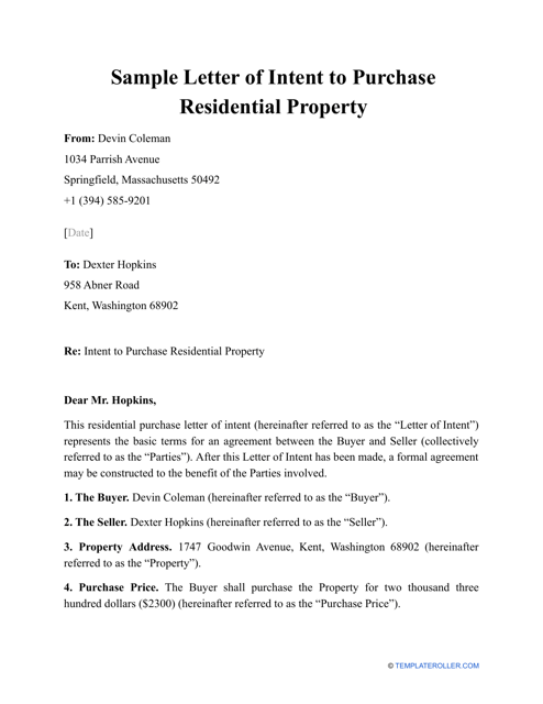 Sample Letter of Intent to Purchase Residential Property
