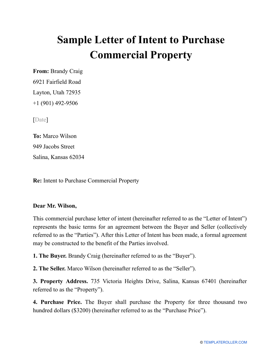 Sample Letter of Intent to Purchase Commercial Property, Page 1