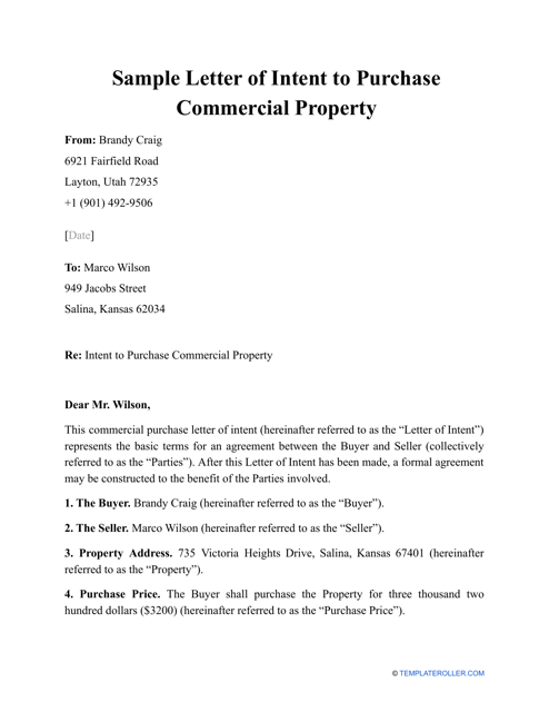 Sample Letter of Intent to Purchase Commercial Property Download Pdf