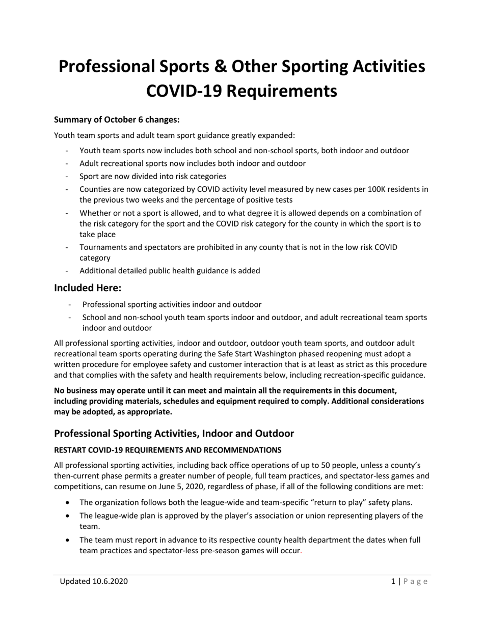 Professional Sports  Other Sporting Activities Covid-19 Requirements - Washington, Page 1