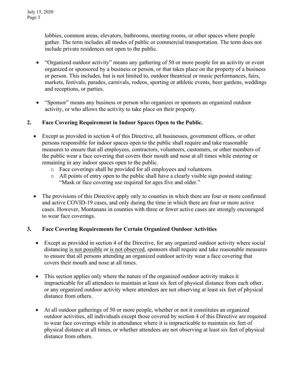 Directive Implementing Executive Orders 2-2020 and 3-2020 and Providing for the Mandatory Use of Face Coverings in Certain Settings - Montana, Page 3