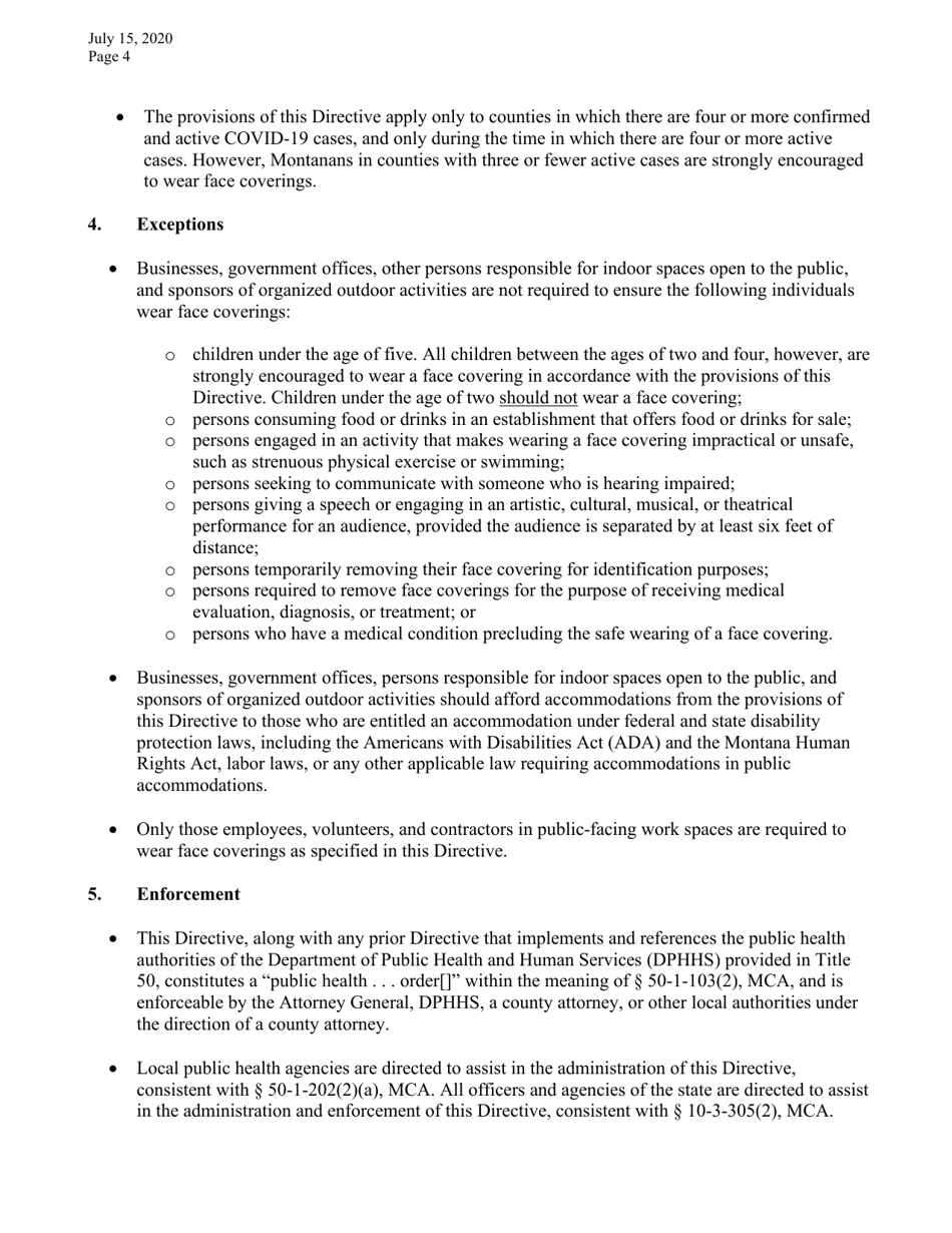 Directive Implementing Executive Orders 2-2020 and 3-2020 and Providing for the Mandatory Use of Face Coverings in Certain Settings - Montana, Page 4