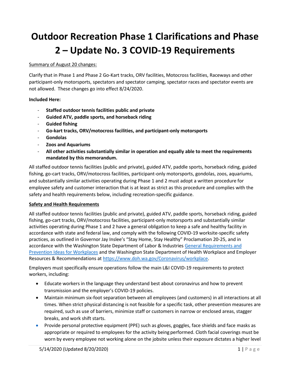 Outdoor Recreation Phase 1 Clarifications and Phase 2 - Update No. 3 Covid-19 Requirements - Washington, Page 1