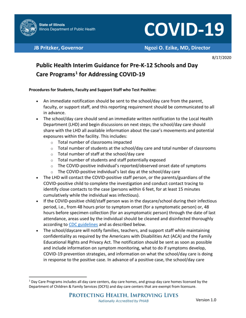 Public Health Interim Guidance for Pre-k-12 Schools and Day Care Programs1 for Addressing Covid-19 - Illinois