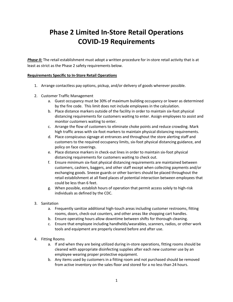 Phase 2 Limited in-Store Retail Operations Covid-19 Requirements - Washington, Page 1