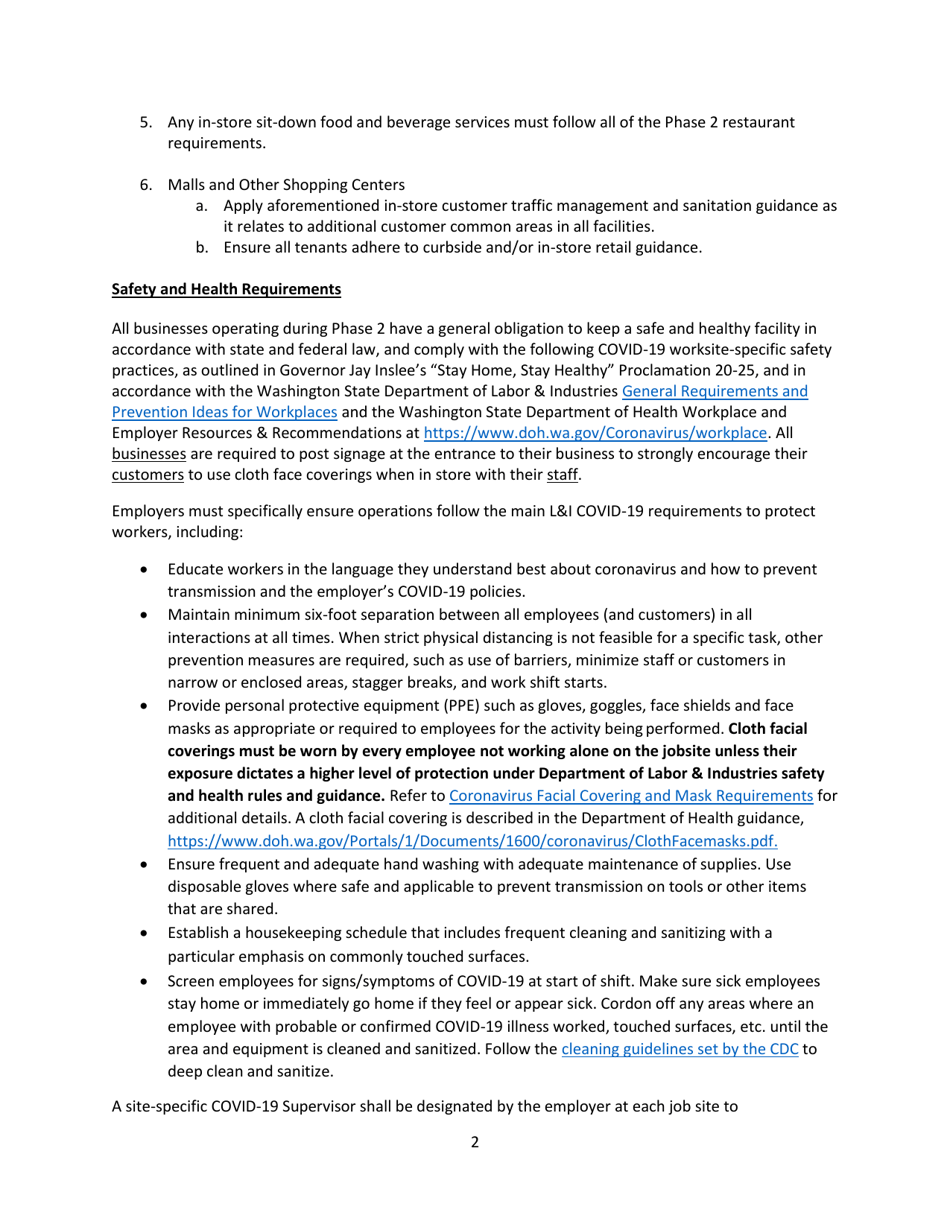 Phase 2 Limited in-Store Retail Operations Covid-19 Requirements - Washington, Page 2