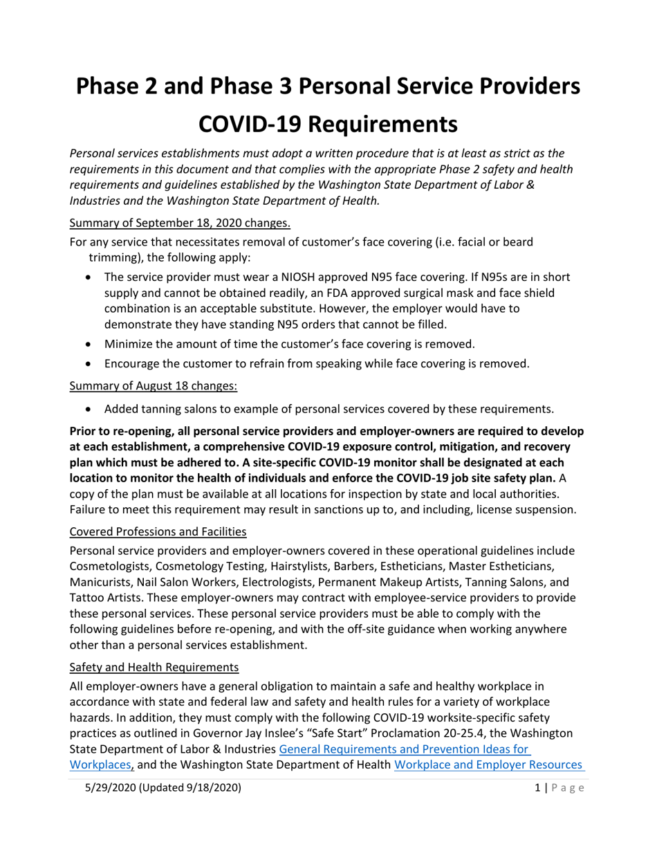 Phase 2 and Phase 3 Personal Service Providers Covid-19 Requirements - Washington, Page 1