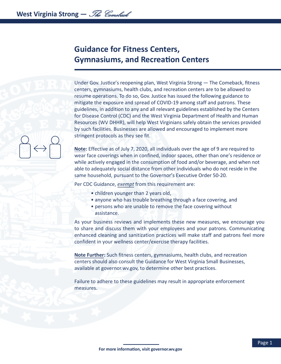West Virginia Strong -the Comeback: Guidance for Fitness Centers, Gymnasiums, and Recreation Centers - West Virginia, Page 2