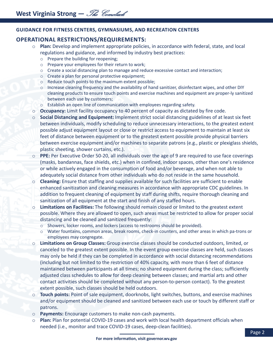 West Virginia Strong -the Comeback: Guidance for Fitness Centers, Gymnasiums, and Recreation Centers - West Virginia, Page 3