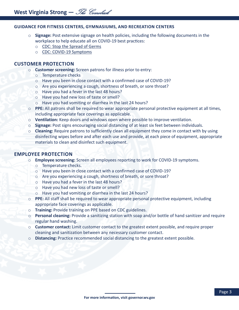 West Virginia Strong -the Comeback: Guidance for Fitness Centers, Gymnasiums, and Recreation Centers - West Virginia, Page 4