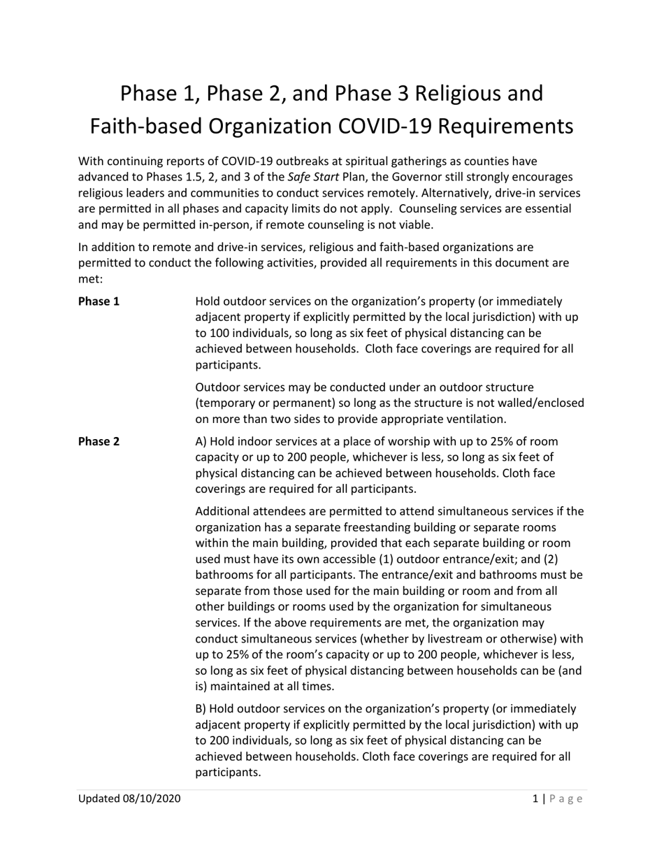Phase 1, Phase 2, and Phase 3 Religious and Faith-Based Organization Covid-19 Requirements - Washington, Page 1
