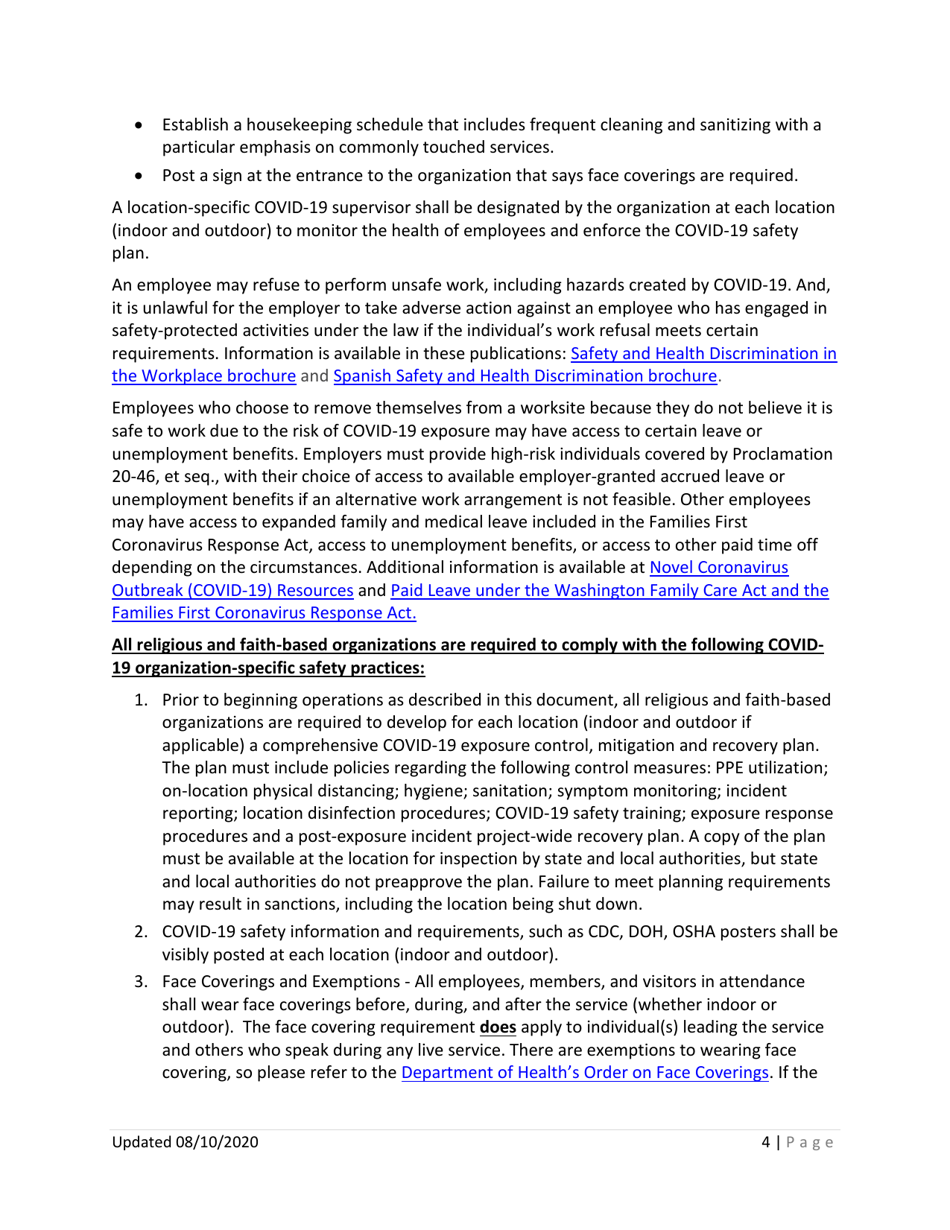 Phase 1, Phase 2, and Phase 3 Religious and Faith-Based Organization Covid-19 Requirements - Washington, Page 4