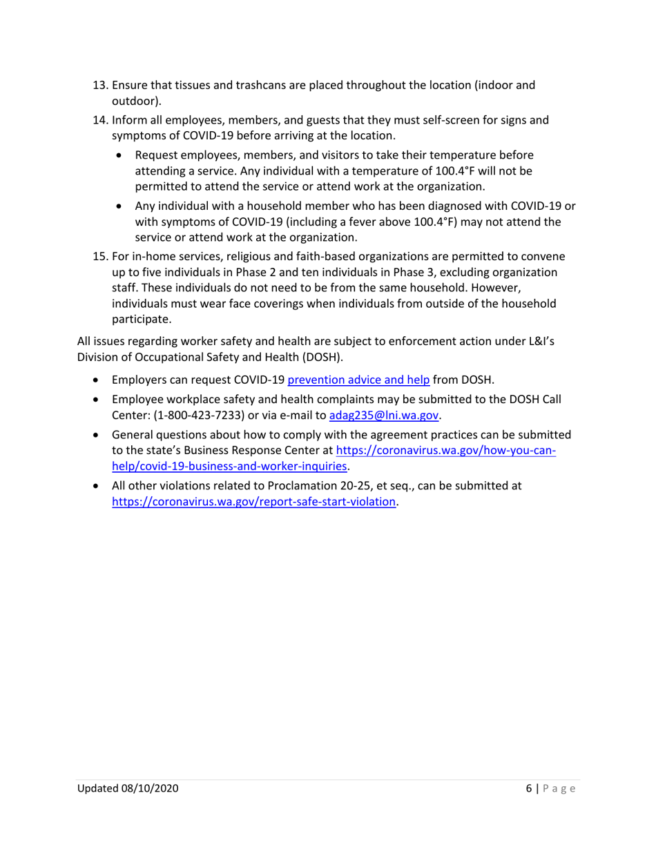 Phase 1, Phase 2, and Phase 3 Religious and Faith-Based Organization Covid-19 Requirements - Washington, Page 6