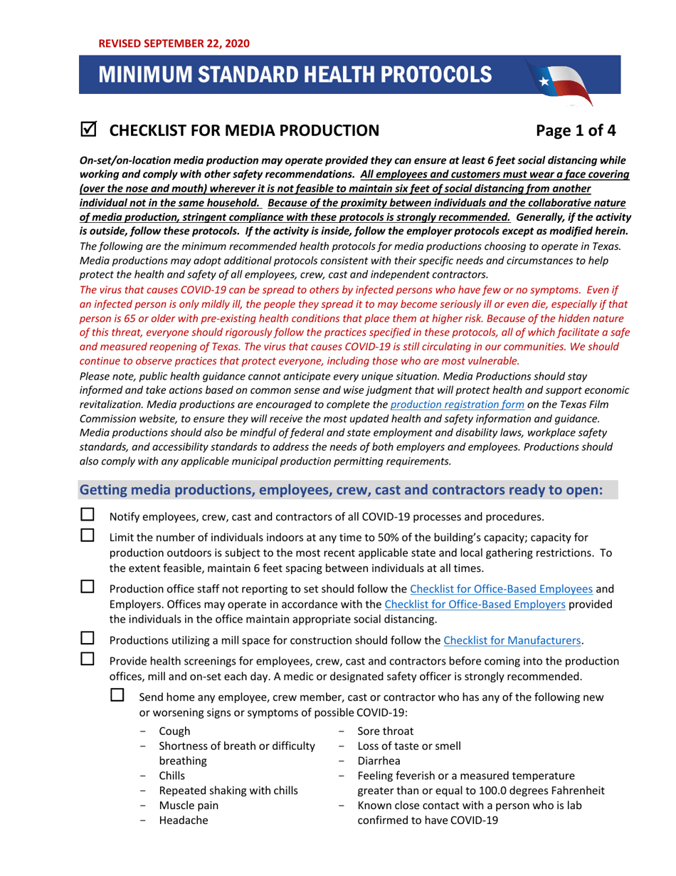 Minimum Standard Health Protocols - Checklist for Media Production - Texas, Page 1