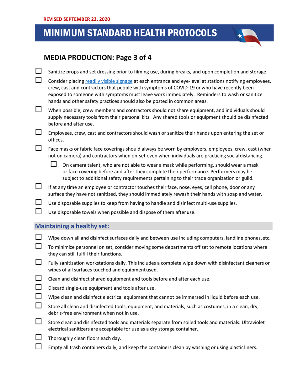 Minimum Standard Health Protocols - Checklist for Media Production - Texas, Page 3