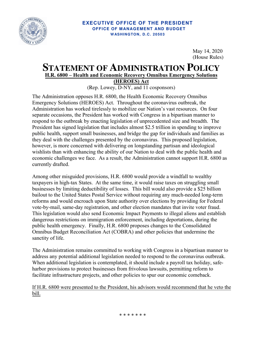 Statement of Administration Policy: H.r. 6800 - Health and Economic Recovery Omnibus Emergency Solutions (Heroes) Act, Page 1