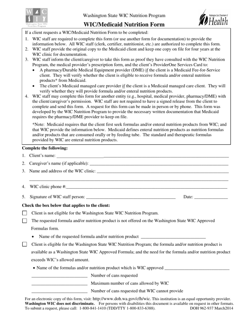 DOH Form 962-937 Wic/Medicaid Nutrition Form - Washington