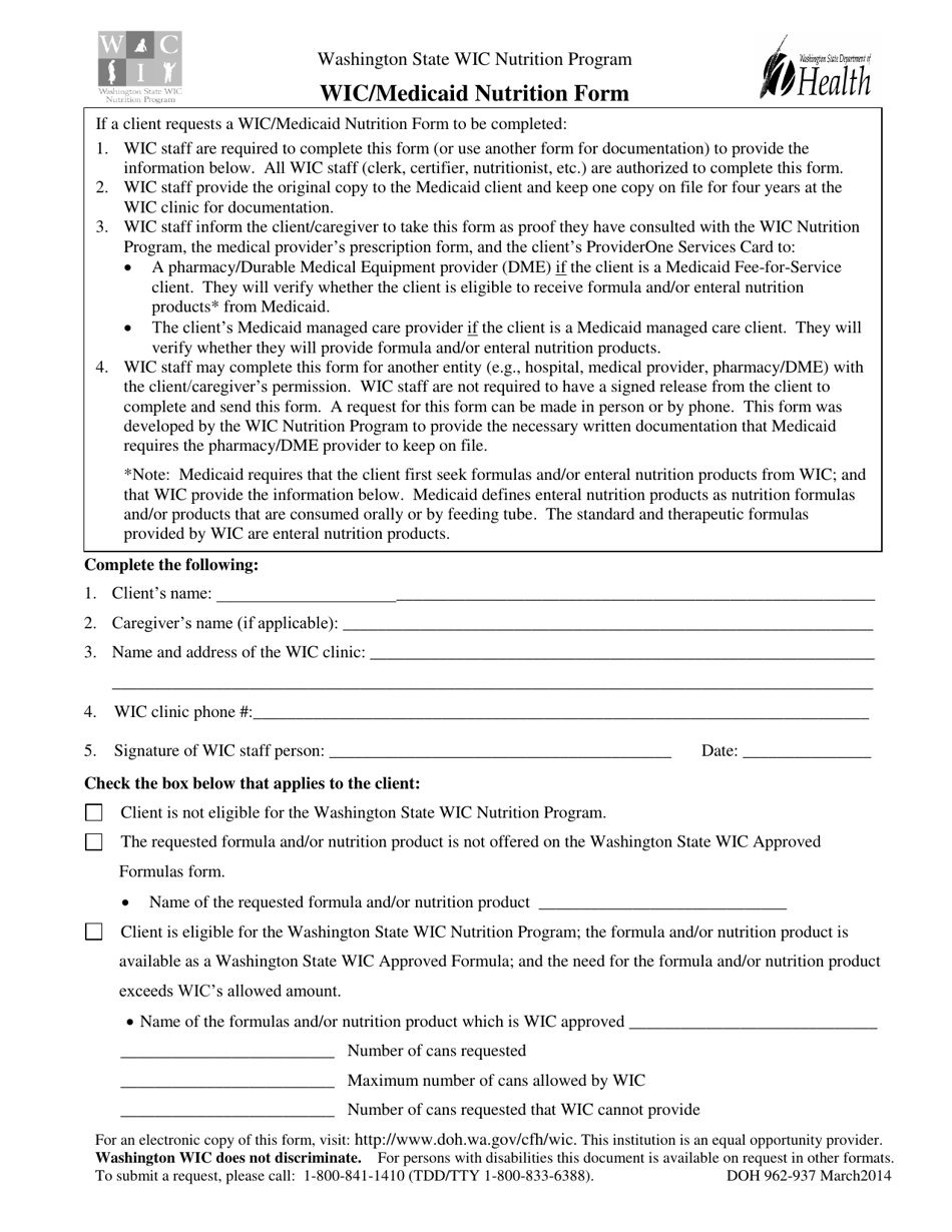 DOH Form 962-937 Wic / Medicaid Nutrition Form - Washington, Page 1
