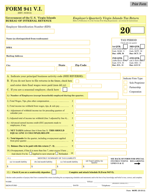 Form 941 V.I. Employer's Quarterly Virgin Islands Tax Return - Virgin Islands