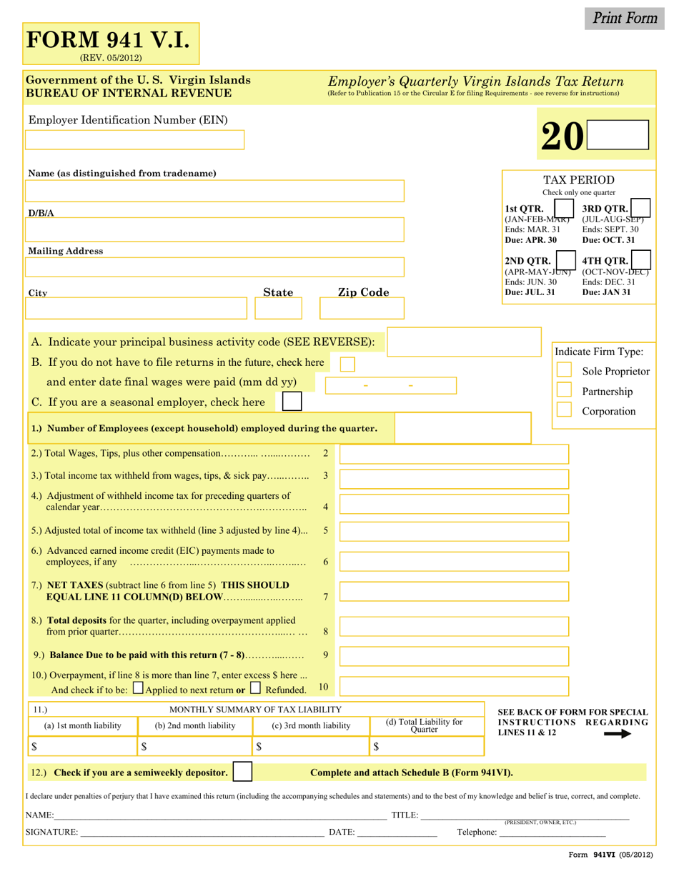 Form 941 V.I. Fill Out, Sign Online and Download Fillable PDF, Virgin