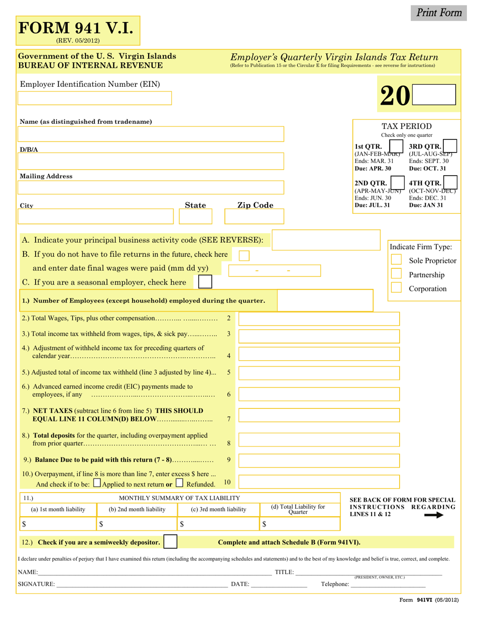 Form 941 V.I. Employers Quarterly Virgin Islands Tax Return - Virgin Islands, Page 1