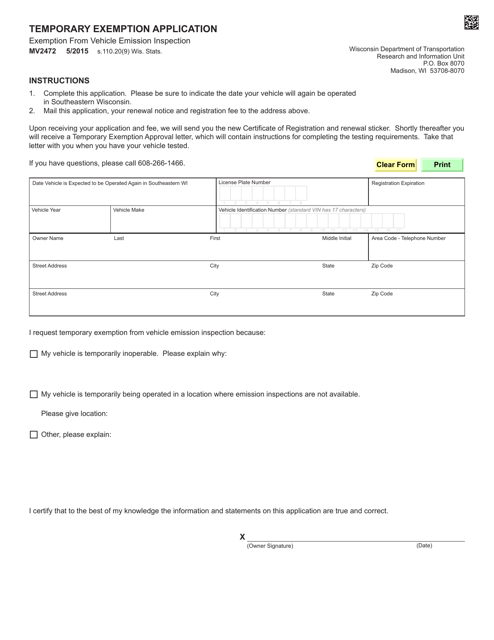 Form MV2472  Printable Pdf