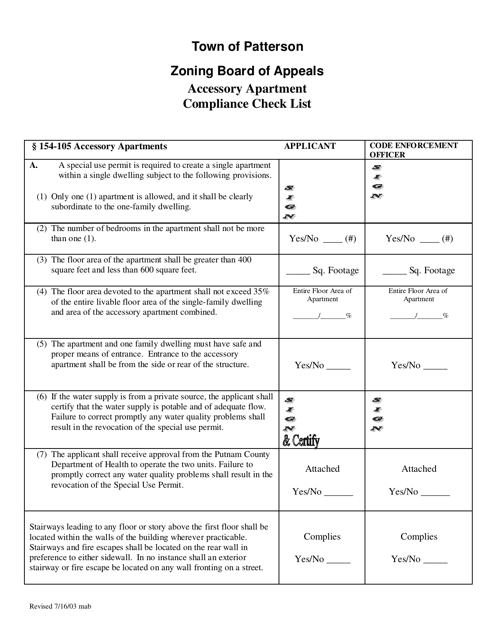 Accessory Apartment Compliance Check List - Town of Patterson, New York Download Pdf
