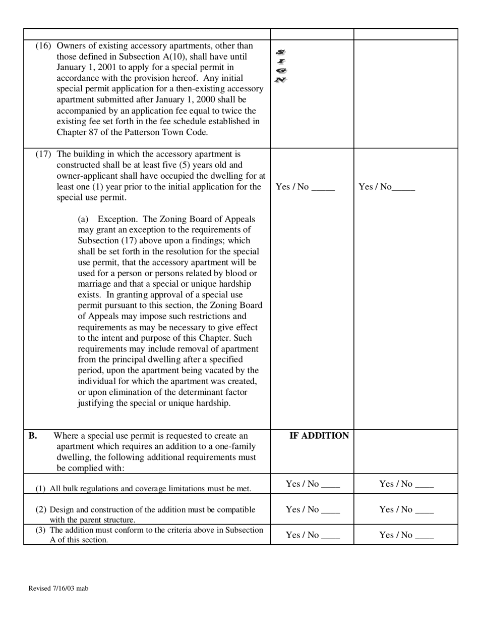 Accessory Apartment Compliance Check List - Town of Patterson, New York, Page 3
