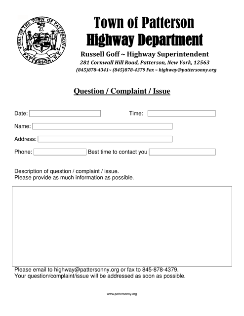 Question / Complaint / Issue - Town of Patterson, New York Download Pdf