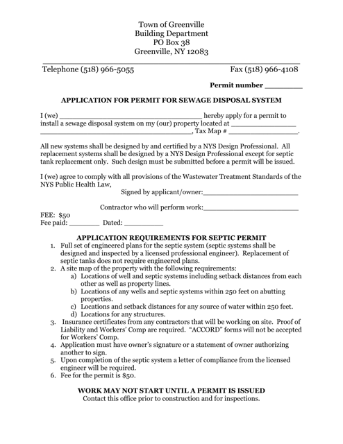 Application for Permit for Sewage Disposal System - Town of Greenville, New York Download Pdf