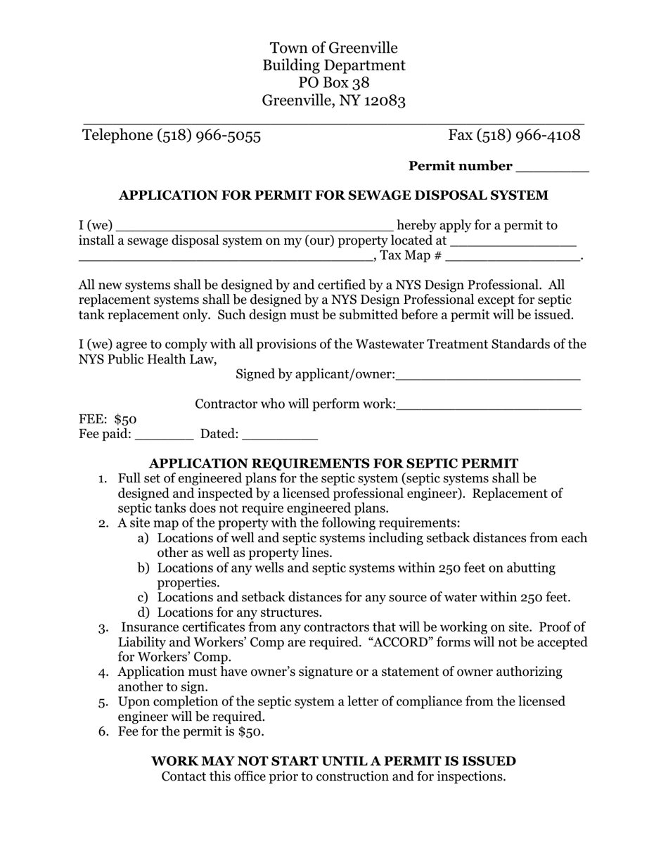 Application for Permit for Sewage Disposal System - Town of Greenville, New York, Page 1