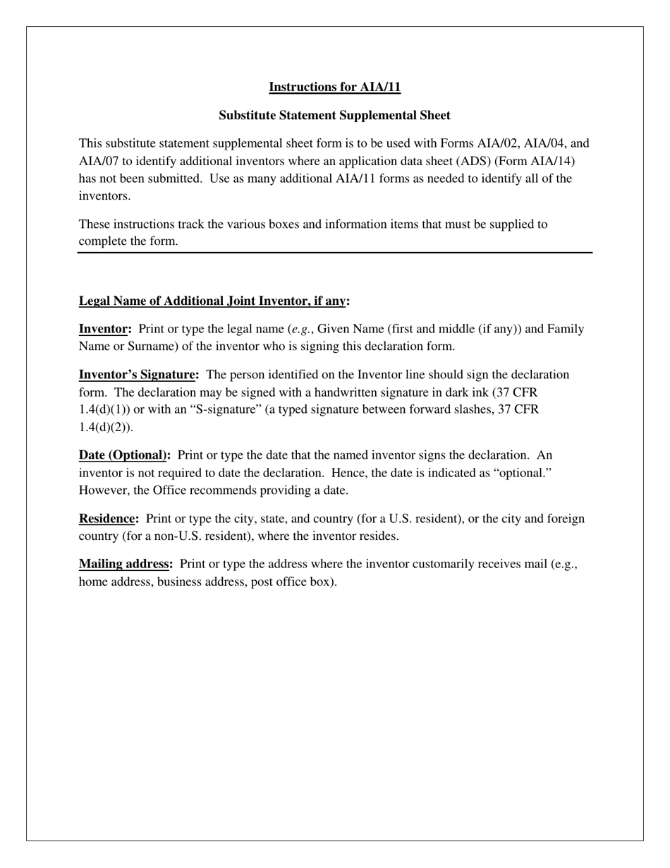 Instructions for Form PTO / AIA / 11 Substitute Statement Supplemental Sheet, Page 1