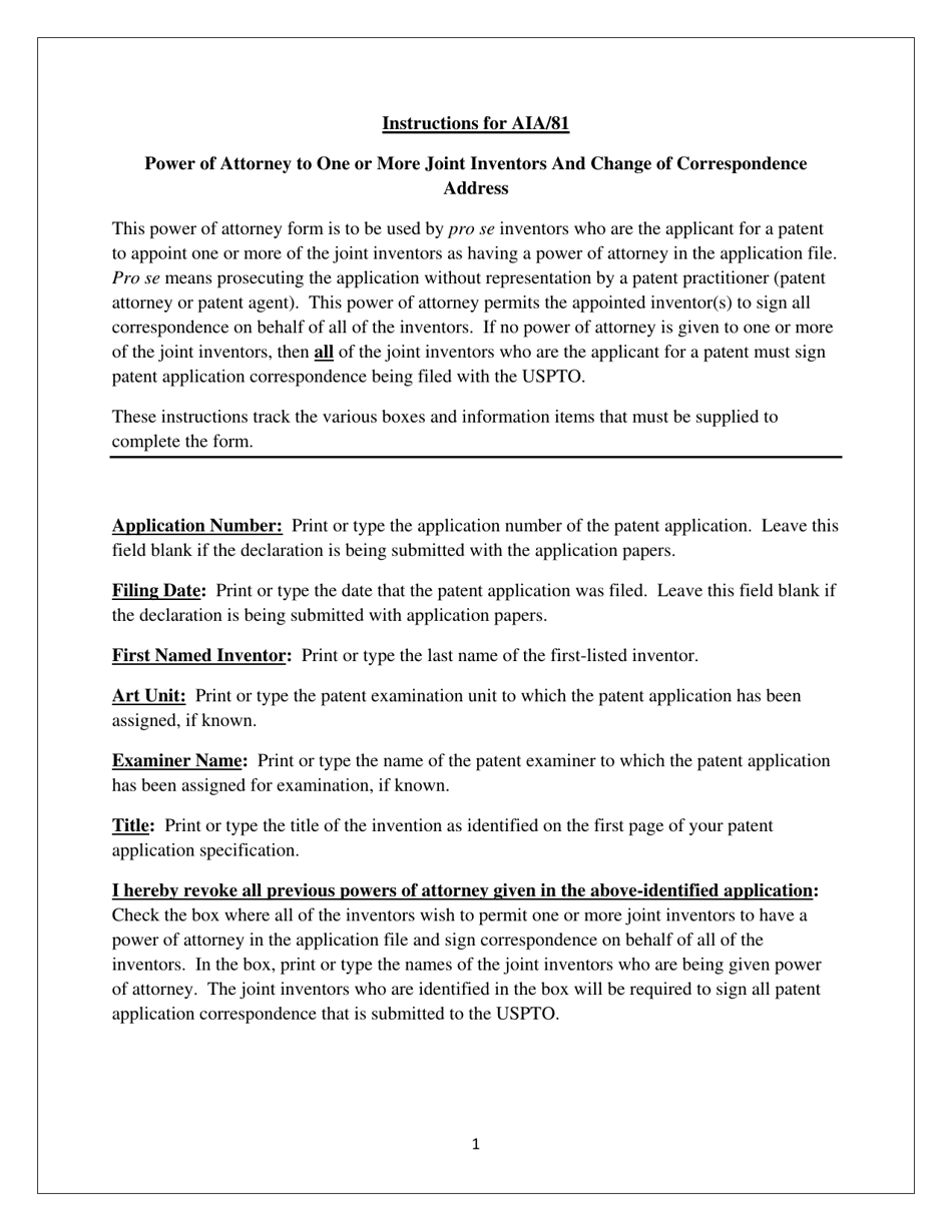 Instructions for Form PTO / AIA / 81 Power of Attorney to One or More of the Joint Inventors and Change of Correspondence Address, Page 1