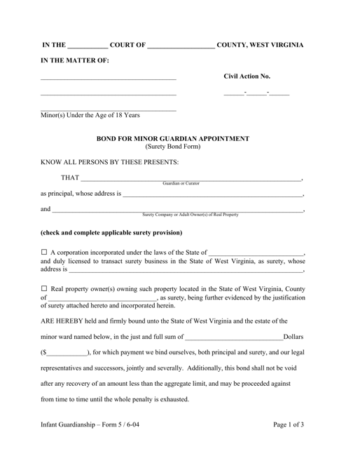 Form 5 Bond for Minor Guardian Appointment (Surety Bond Form) - West Virginia
