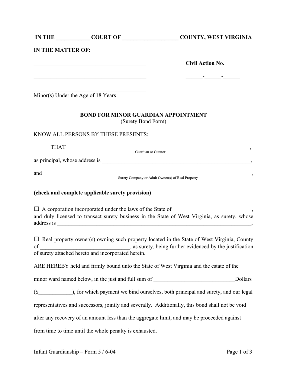 Form 5 Bond for Minor Guardian Appointment (Surety Bond Form) - West Virginia, Page 1