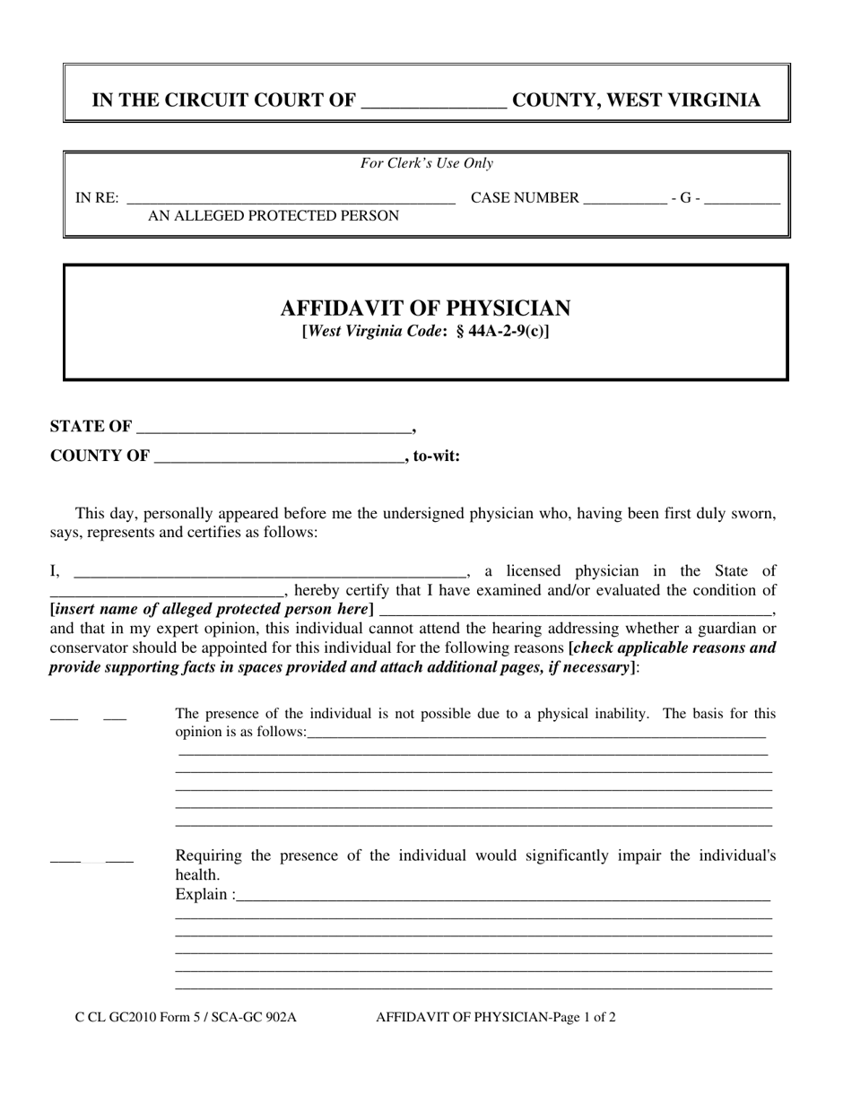 Form GC5 Affidavit of Physician - West Virginia, Page 1