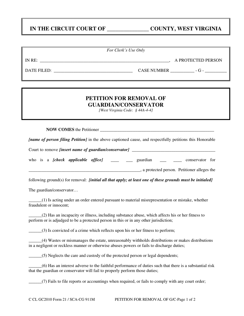 Form GC21 Petition for Removal of Guardian / Conservator - West Virginia, Page 1