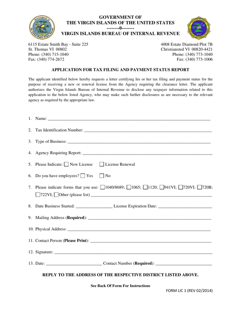 Document preview: Form LIC1 Application for Tax Filing and Payment Status Report - Virgin Islands