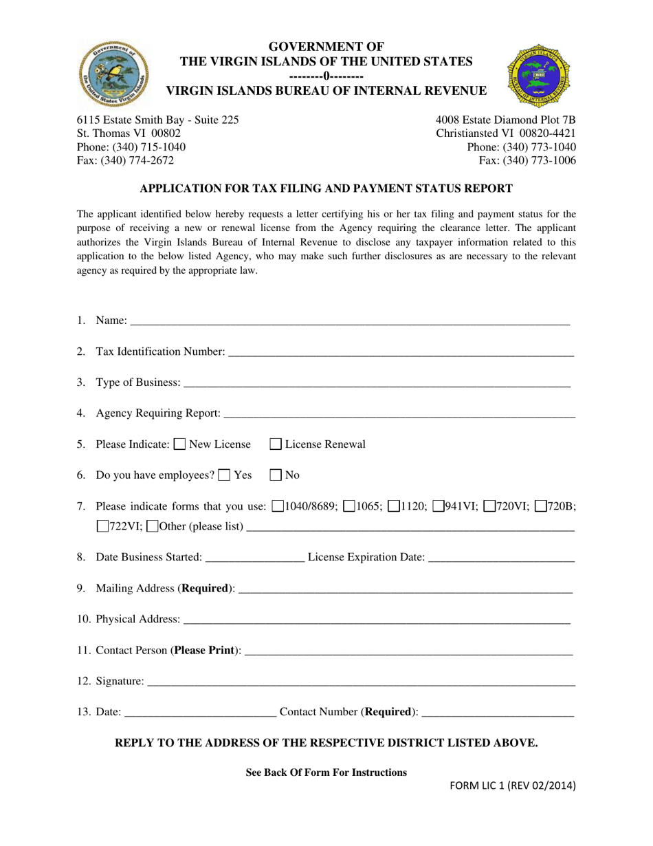 Form LIC1 Application for Tax Filing and Payment Status Report - Virgin Islands, Page 1