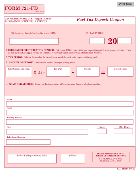 Form 721-FD Fuel Tax Deposit Coupon - Virgin Islands